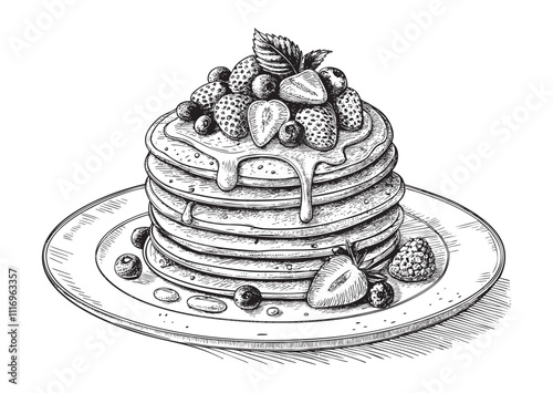 delicious sweet pancake with caramel and strawberry engraving vector illustration