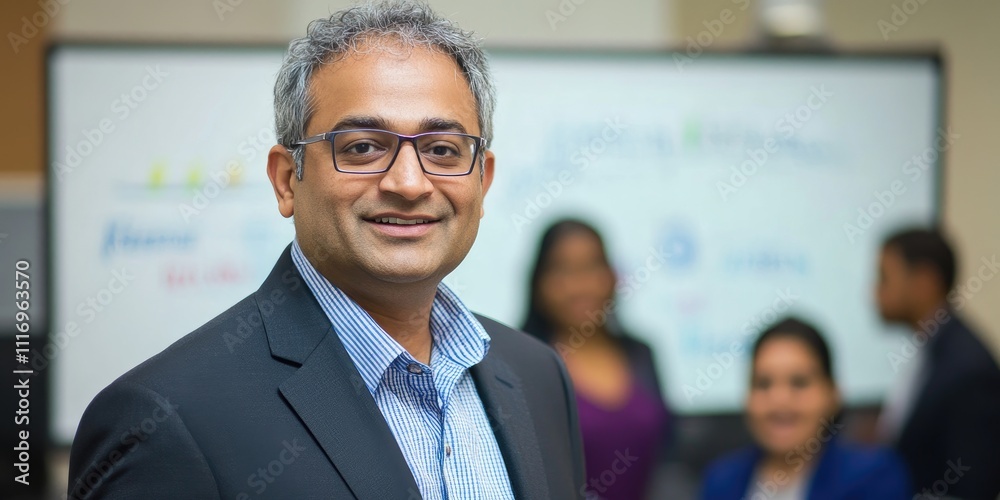 Executive businessman standing in front of a whiteboard, gesturing while explaining a strategy, with a diverse team visible in the background. Executive businessman standing in front of a whiteboard, gesturing while explaining a strategy, with a diverse team visible in the background.