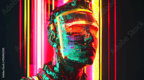 Vibrant digital bust with neon glitch effect, ideal for tech and art themes. photo