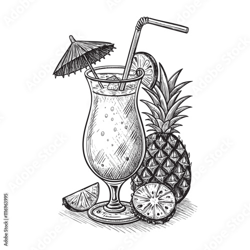 pina colada cocktail engraving vector illustration