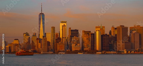 Manhattan skyline with WTC. Financial District NYC. Twin Towers memorial. World Trade Center over Hudson river.