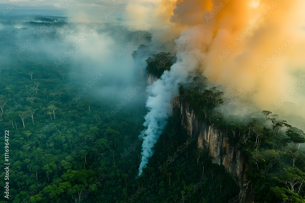 Fototapeta premium Aerial view of rainforest fire with smoke plume rising from cliff edge at sunset.