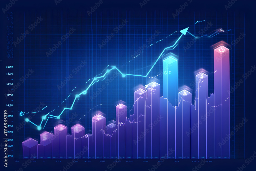 Ascending bar graph with upward trend line showing growth. Ascending bar graph with upward trend line showing growth.