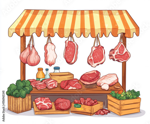 Illustration of meat shop, cartoon style, vector illustration with white background,