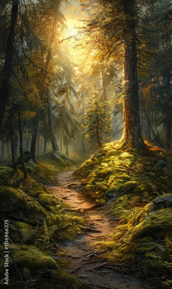 Obraz premium Green Wilderness Nature Depicting a Lush Forest Scene With sunshine and river ai generated