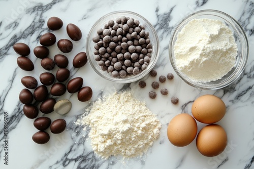 Baking Ingredients on Marble Countertop with Eggs Flour and Chocolate photo