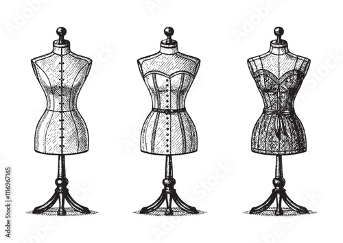 mannequins engraving vector illustration