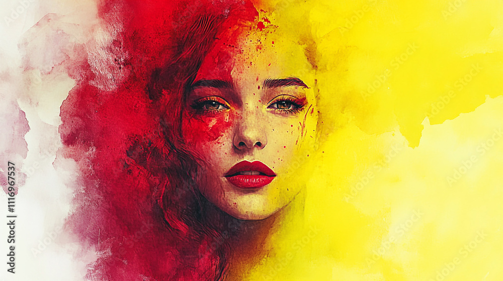 Colorful expression of art with vibrant red and yellow hues depicting a woman's face Colorful expression of art with vibrant red and yellow hues depicting a woman's face