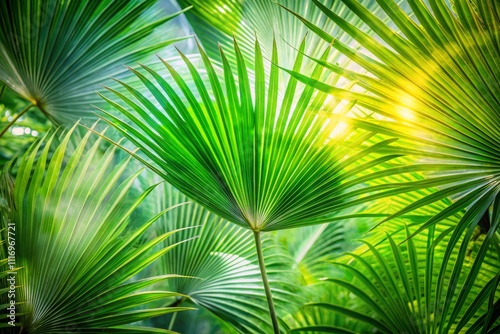 Close-Up Double Exposure of Green Palm Leaf Texture from Bottle Palm Tree in a Lush Garden Setting, Highlighting Ornamental Plant Details and Vibrant Nature Elements photo