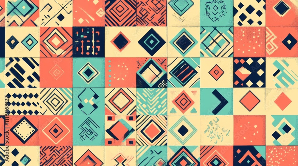 Fototapeta premium Abstract geometric pattern design with colorful squares and lines.