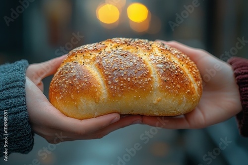 Sharing Bread with the Homeless Offering Hope and Help to the Poor and Desperate in a Community Street photo