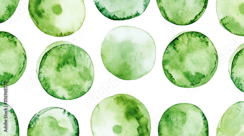 Green watercolor circles create a refreshing pattern on a white background for design
