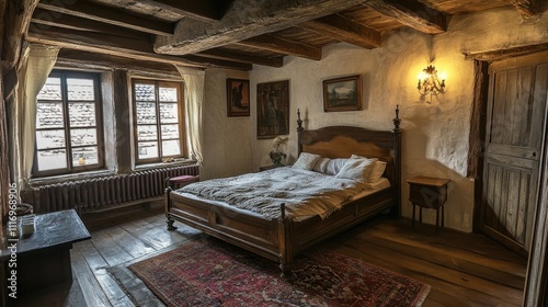 Rustic Wooden Bedroom With Antique Furniture And Windows photo