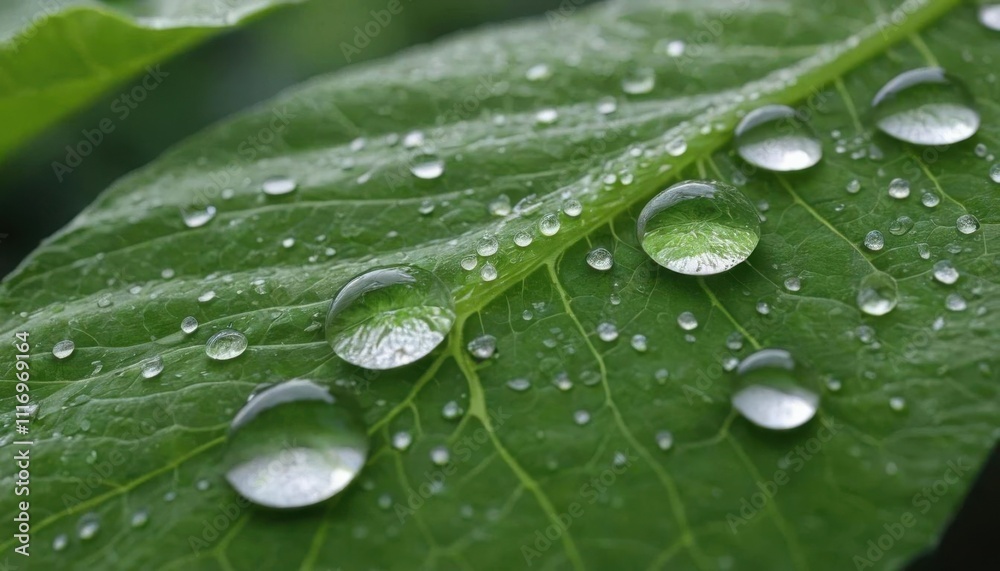 Close-up of dew drops on bright green leaves, zoomed in to highlight the intricate details of the water droplets, each droplet
Close-up of dew drops on bright green leaves, zoomed in to highlight the intricate details of the water droplets, each droplet