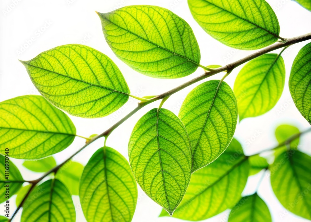 Fototapeta premium Closeup of Lush Green Leaves on a Branch Isolated on White Background, Highlighting Textures and Details in Low Light Photography for Nature and Botanical Themes
