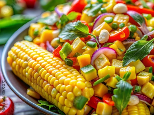 Close-Up of Spicy Thai Corn Salad: A Colorful and Flavorful Asian Dish Perfect for Summer Gatherings and Food Enthusiasts