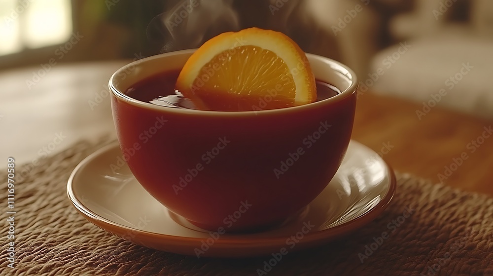 Steaming Cup Of Tea With Orange Slice