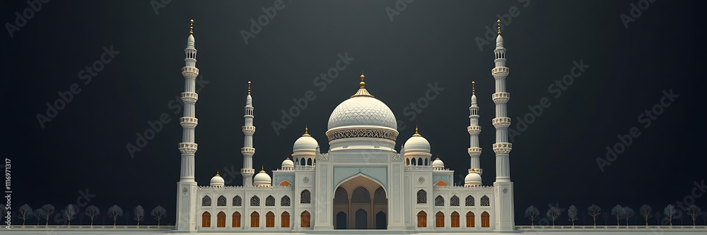 Obraz premium grand mosque with intricate details and arches, illuminated beautifully against dark background, showcasing its majestic architecture and peaceful ambiance