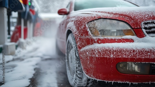 A car covered in snow and road salt is being washed at a self-service car wash. The winter setting is cold, with water spraying off the vehicle as the cleaning process begins