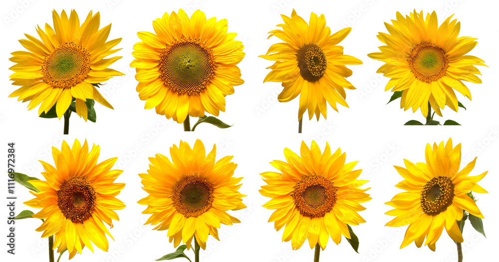 Sunflowers head collection isolated on white background. Sun symbol. Flowers yellow, agriculture. Seeds and oil. Flat lay, top view Sunflowers head collection isolated on white background. Sun symbol. Flowers yellow, agriculture. Seeds and oil. Flat lay, top view
