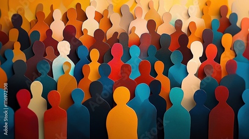 A Colorful Paper Cut-Out Crowd of Diverse Abstract Silhouettes in a Cubist Style