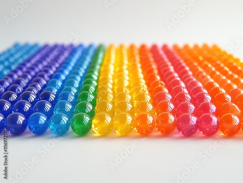 Rows of colorful transparent beads in rainbow arrangement photo