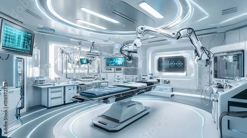 Futuristic operating room with robotic arm and advanced medical technology.
