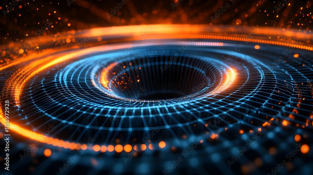 3D Abstract Background: Blue and Orange Grid Vortex