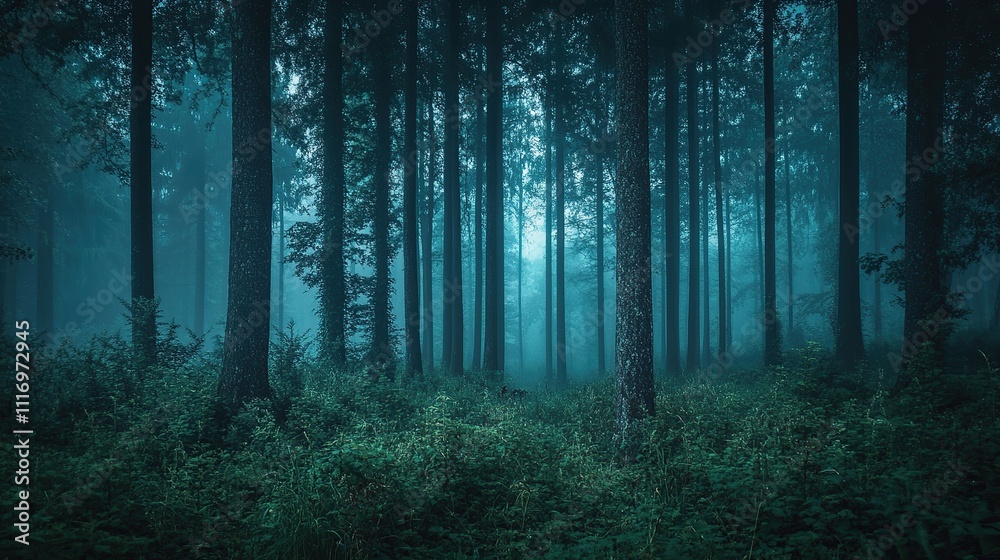 Fototapeta premium Mystical dark forest scene with fog and tall trees.