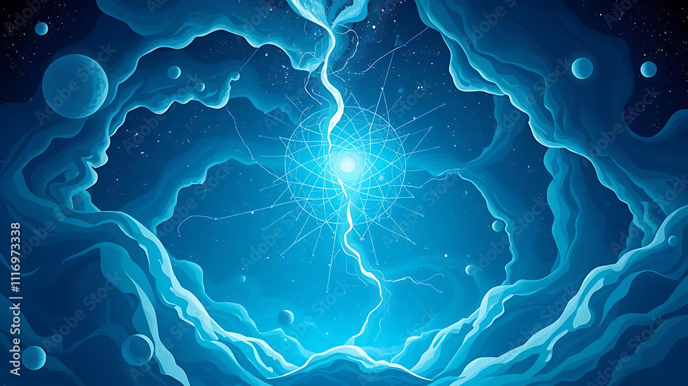 Dreamy blue alien space with swirling clouds and cosmic energy flow, depicting esoteric universe filled with light and mystery