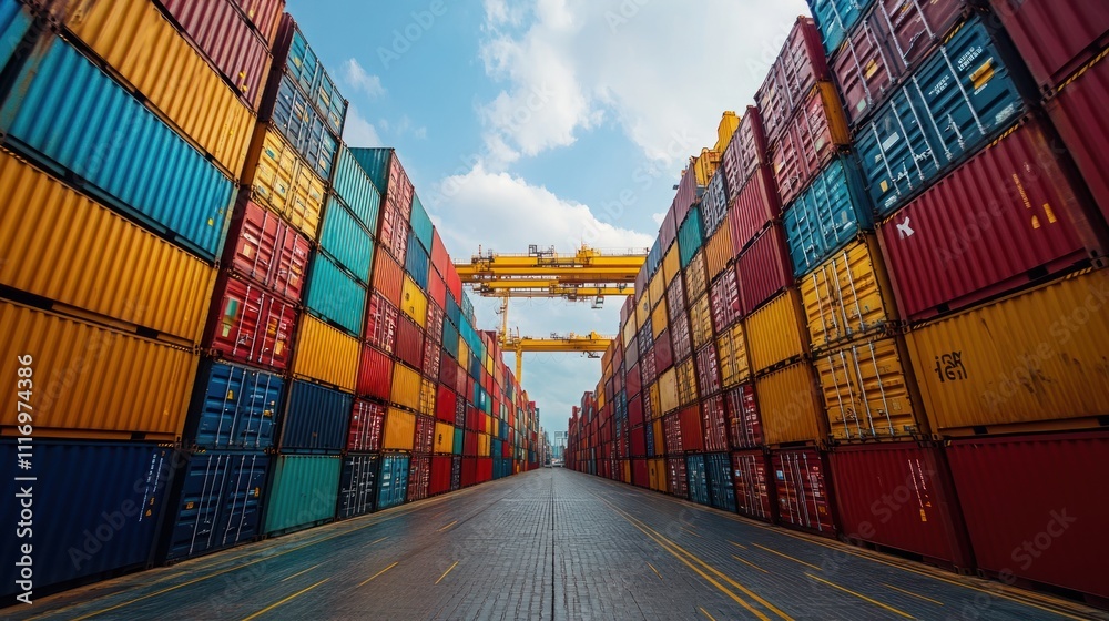 Fototapeta premium Vibrant stacked shipping containers under clear sky