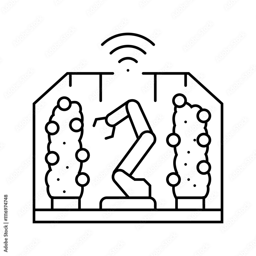 automated greenhouse robot harvests line icon vector. automated greenhouse robot harvests sign. isolated contour symbol black illustration automated greenhouse robot harvests line icon vector. automated greenhouse robot harvests sign. isolated contour symbol black illustration