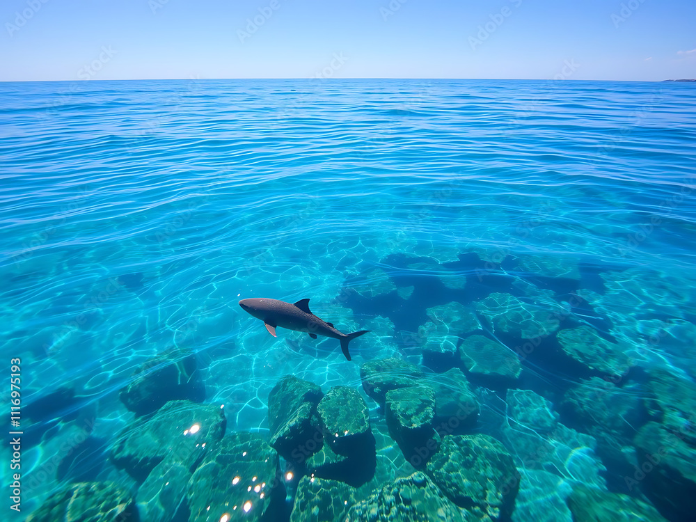 Obraz premium serene sea with clear blue water and sandy bottom, showcasing shark swimming gracefully over rocky formations. This peaceful marine life scene captures beauty of underwater ecosystems