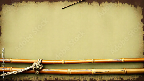 Close up of weathered bamboo raft with rope detail, perfect for vintage graphics overlay and blank space for text photo