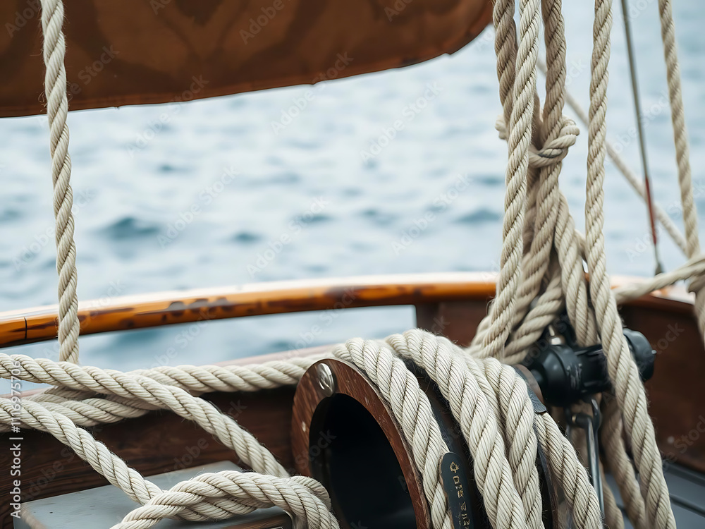 Obraz premium Close up view of wooden pulley and ropes on old yacht, showcasing marine texture and providing ample copy space. intricate details evoke sense of adventure