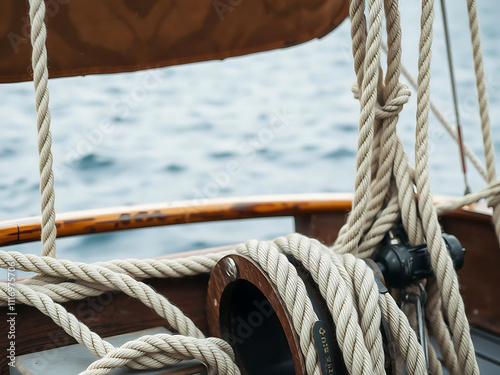 Close up view of wooden pulley and ropes on old yacht, showcasing marine texture and providing ample copy space. intricate details evoke sense of adventure