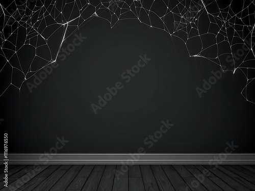 Empty room with black tone walls and cobweb wallpaper, perfect for spooky themed design projects. dark atmosphere creates eerie feeling, ideal for Halloween decor photo