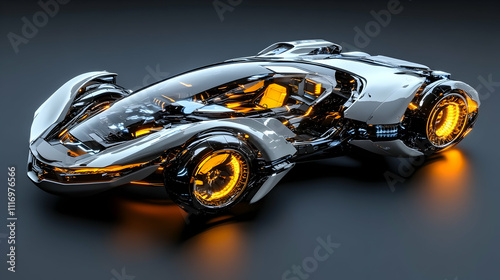 Futuristic silver race car with glowing orange wheels and exposed engine.
