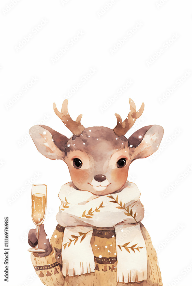 Fototapeta premium Deer wearing red scarf holding glass with champagne isolated on white background. Merry Christmas and Happy New Year. Watercolor animal illustration for greeting card, poster, banner with copy space