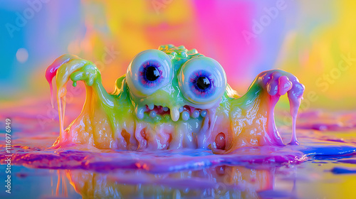 Friendly slime monster with eyes and arms, surrounded by colorful slime puddles, soft lighting photo