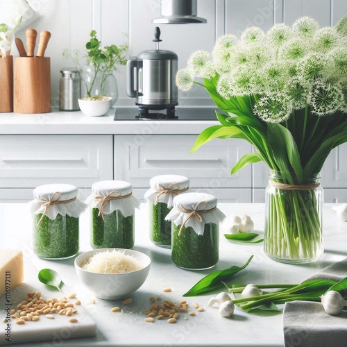 Frühlingsküche: Bärlauchpesto frisch zubereitet in moderner Eleganz photo