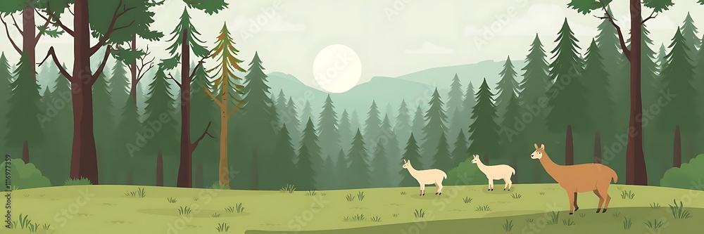 Fototapeta premium Llamas grazing peacefully in lush forest setting, surrounded by tall trees and mountains, creating serene atmosphere. Ideal for adding text or graphics