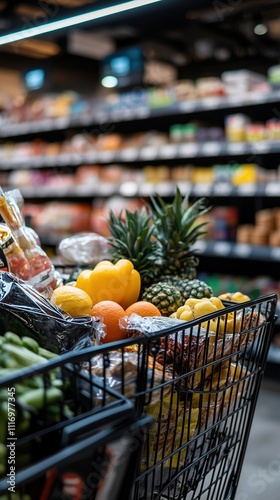 Shopping basket with food and a calculator on a table with copy space. Concept of inflation, price increase in household and food expenses