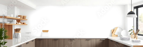 Minimalistic kitchen setting with clean white countertop and wooden shelves. space is bright and airy, perfect for modern home