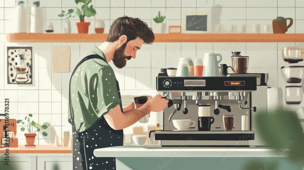 Barista Brewing Coffee in a Sunny Cafe Barista Brewing Coffee in a Sunny Cafe