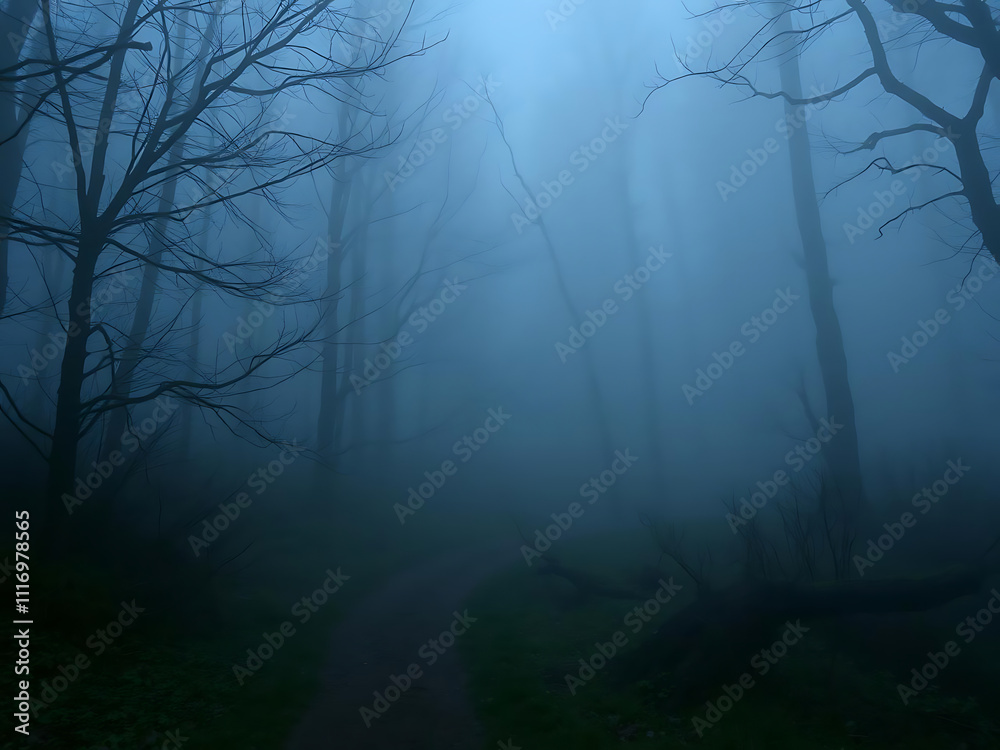 Obraz premium mysterious trail winds through foggy forest, surrounded by eerie trees, creating magical and enchanting atmosphere. scene evokes sense of wonder and intrigue