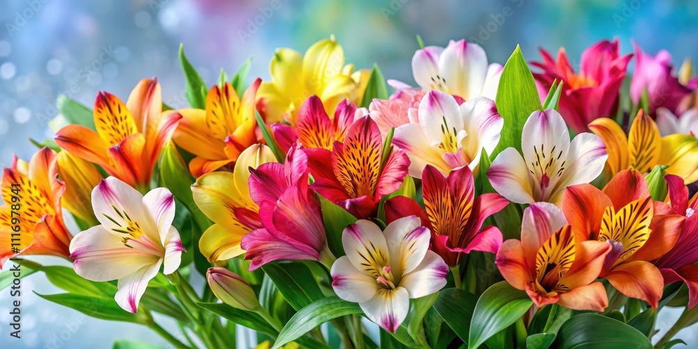 Fototapeta premium Vibrant alstroemeria peruvian lily flowers in various colors , bloom, floral, garden, bouquet, vibrant, colorful, petals
