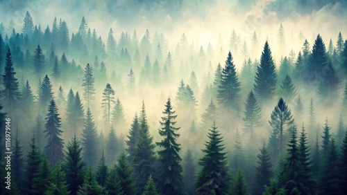 Seamless misty fir forest background in hipster vintage retro style, panoramic, natural, landscape, misty, fir forest