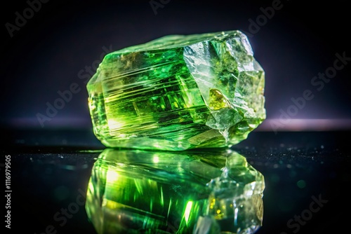 Glistening Hiddenite Stone on Transparent Background with Low Light Photography, Showcasing Unique Color and Texture for Gem Enthusiasts and Collectors photo