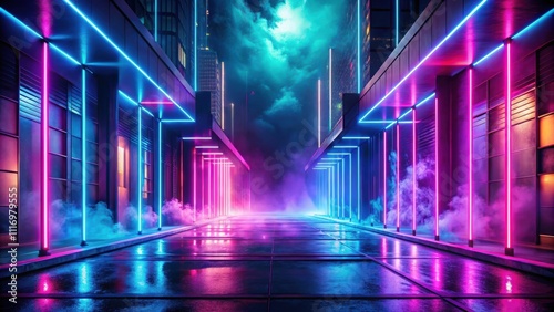 Futuristic abstract neon empty street background with neon light and smoke , futuristic, abstract, neon, empty, street, background